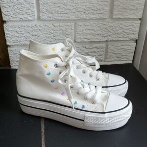 Shasa Women's Luxury White High-Top Tennis Platform Sneakers Heart Accents Sz 7